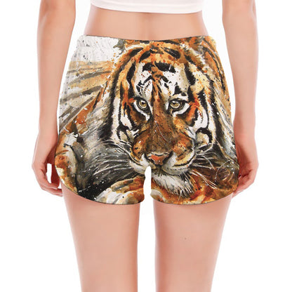 Watercolor Tiger Print Women's Split Running Shorts