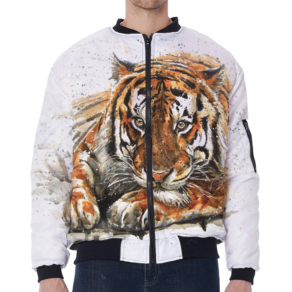 Watercolor Tiger Print Zip Sleeve Bomber Jacket