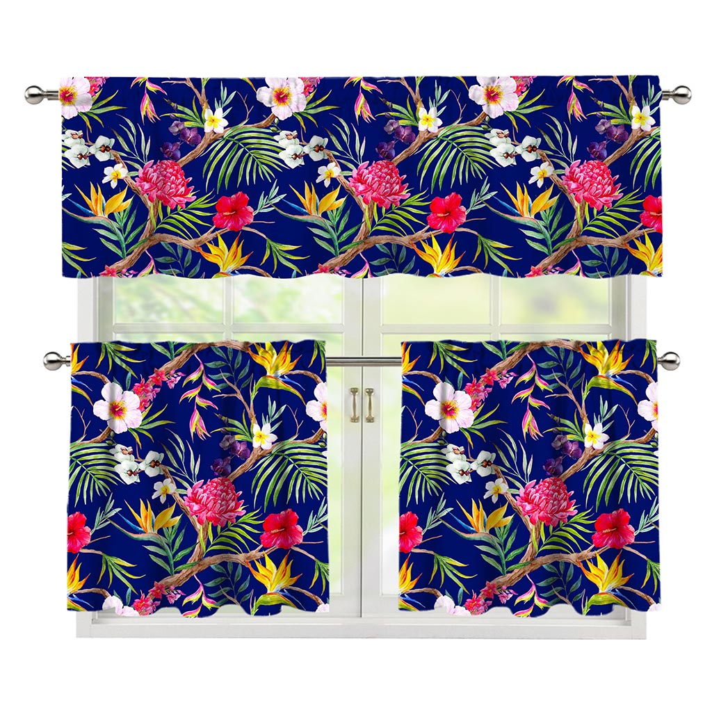 Watercolor Tropical Flower Pattern Print 3 Piece Kitchen Curtains