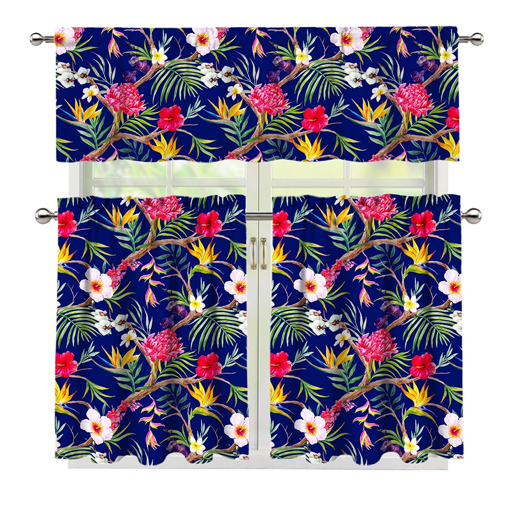 Watercolor Tropical Flower Pattern Print 3 Piece Kitchen Curtains