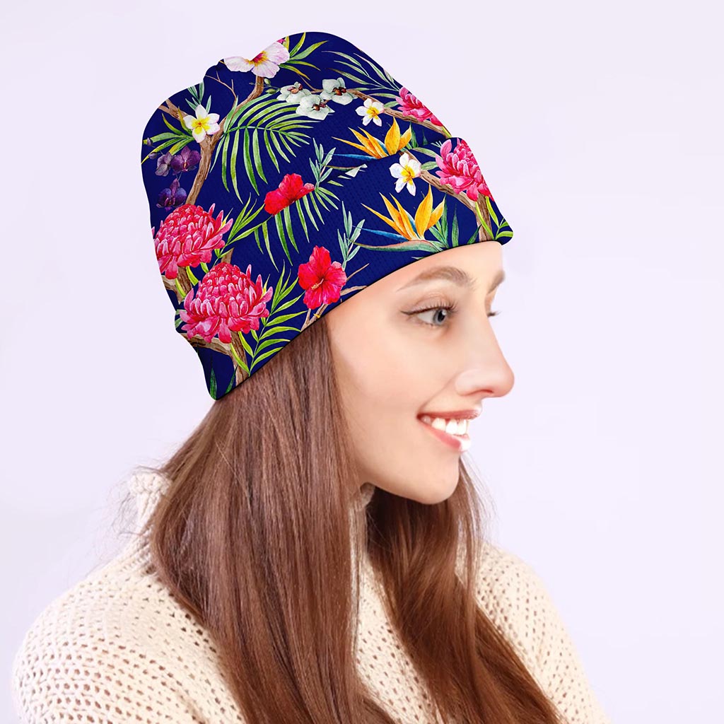Watercolor Tropical Flower Pattern Print Beanie