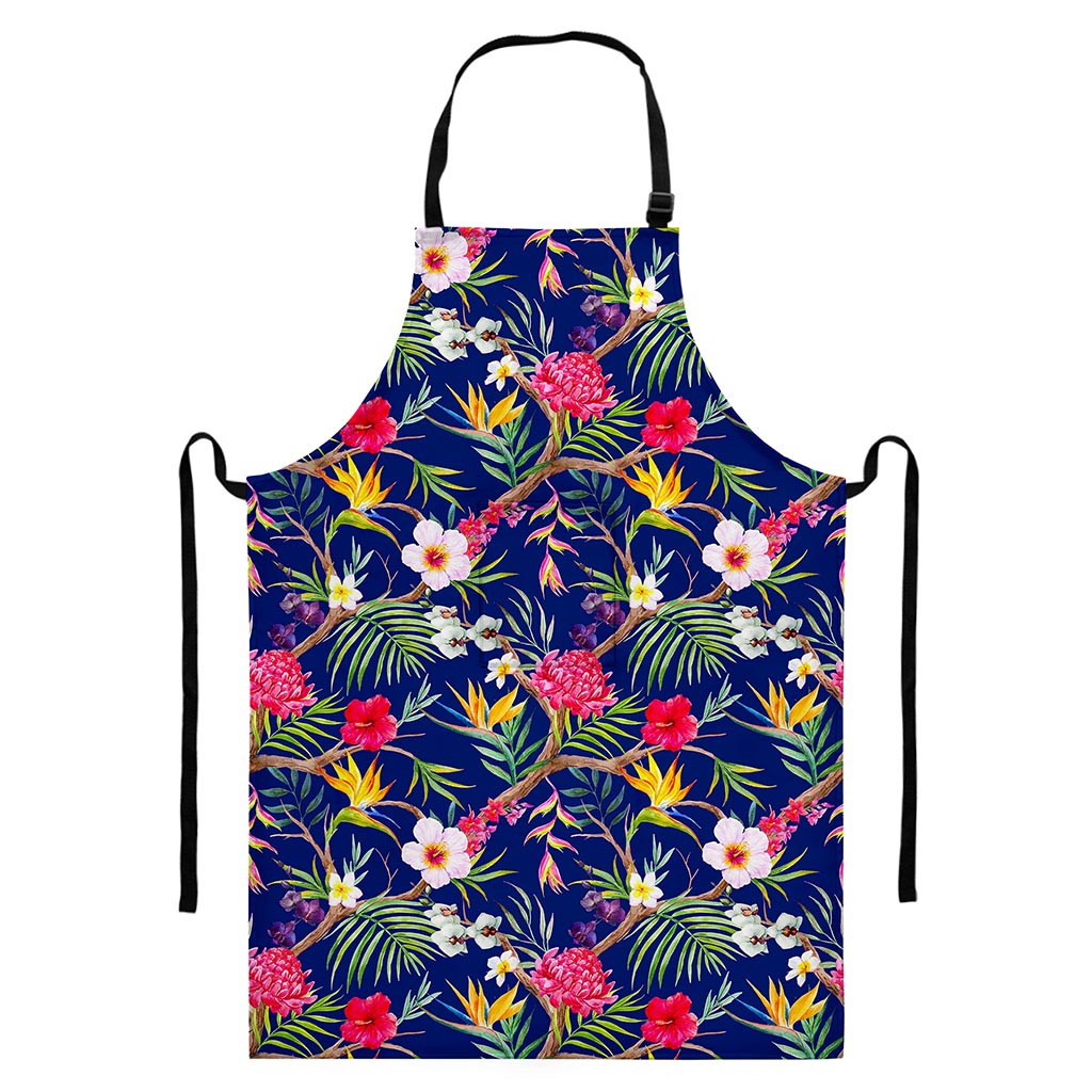 Watercolor Tropical Flower Pattern Print Bib Apron With Pocket