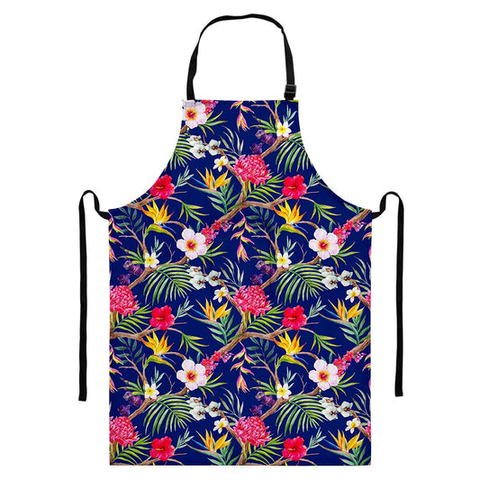 Watercolor Tropical Flower Pattern Print Bib Apron With Pocket