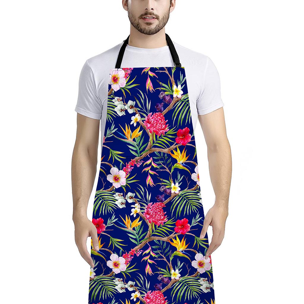 Watercolor Tropical Flower Pattern Print Bib Apron With Pocket