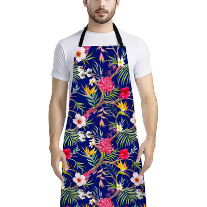 Watercolor Tropical Flower Pattern Print Bib Apron With Pocket