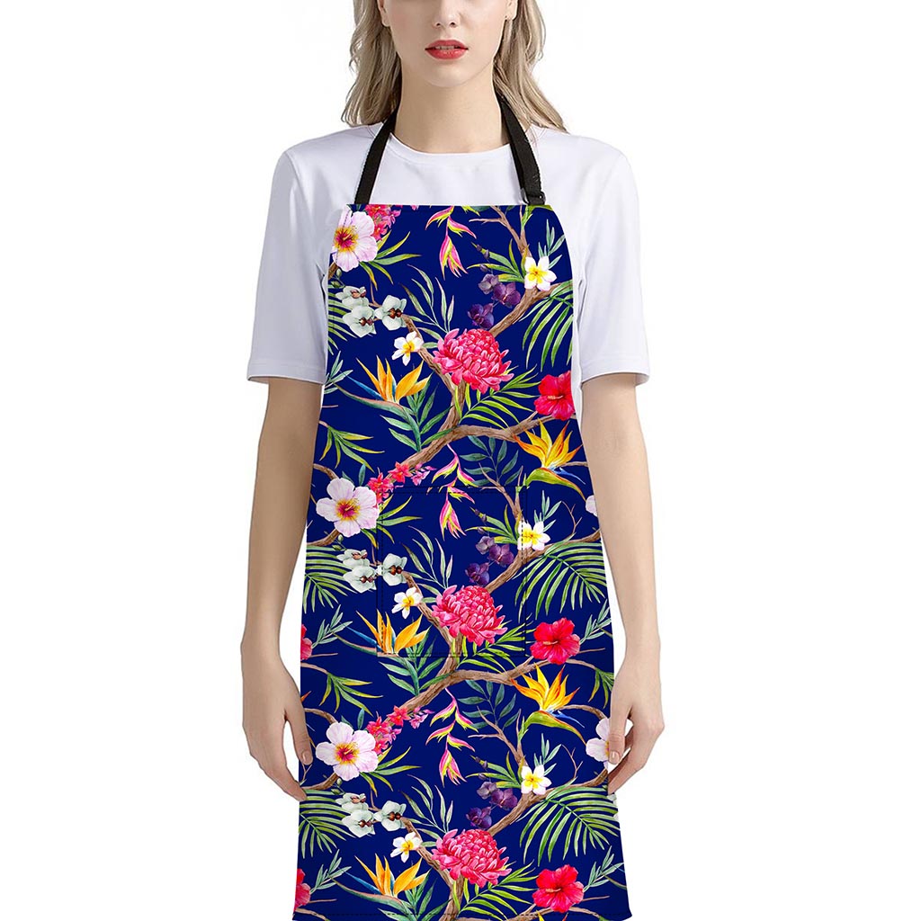 Watercolor Tropical Flower Pattern Print Bib Apron With Pocket