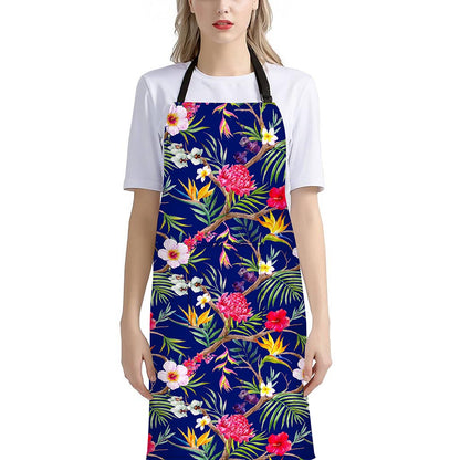 Watercolor Tropical Flower Pattern Print Bib Apron With Pocket