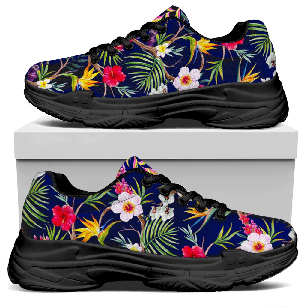 Watercolor Tropical Flower Pattern Print Black Chunky Shoes