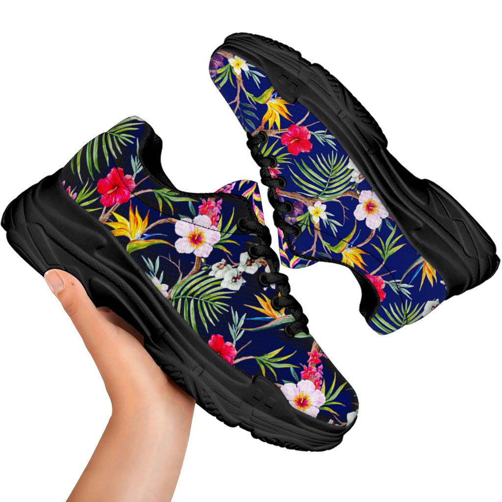 Watercolor Tropical Flower Pattern Print Black Chunky Shoes