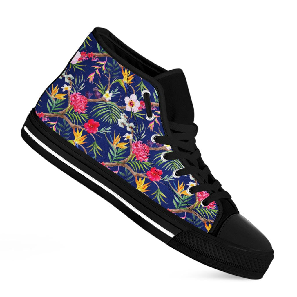 Watercolor Tropical Flower Pattern Print Black High Top Sneakers