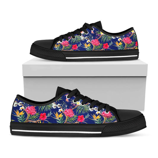 Watercolor Tropical Flower Pattern Print Black Low Top Sneakers