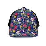 Watercolor Tropical Flower Pattern Print Black Mesh Trucker Cap