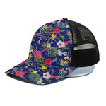 Watercolor Tropical Flower Pattern Print Black Mesh Trucker Cap