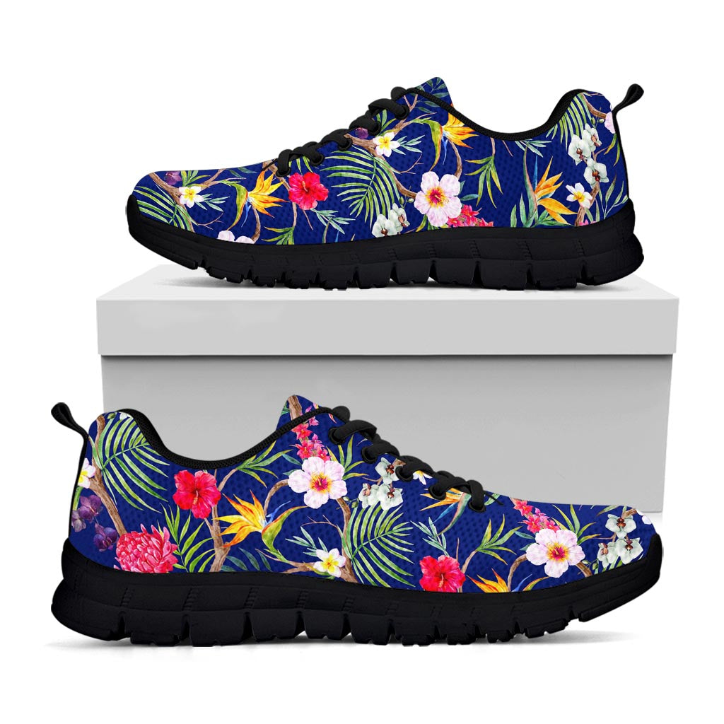 Watercolor Tropical Flower Pattern Print Black Running Shoes