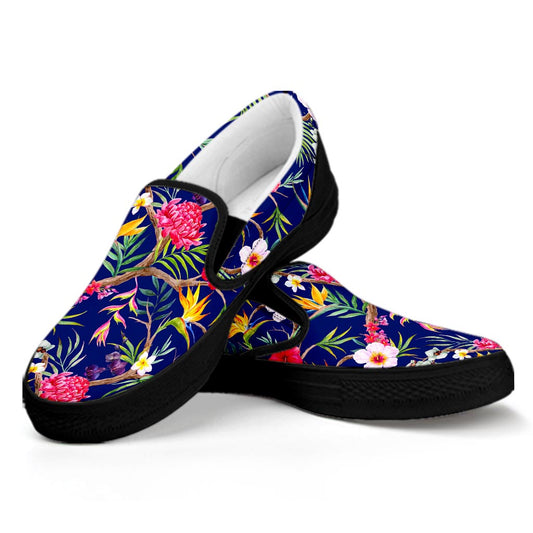 Watercolor Tropical Flower Pattern Print Black Slip On Sneakers