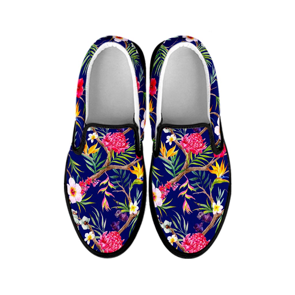 Watercolor Tropical Flower Pattern Print Black Slip On Sneakers