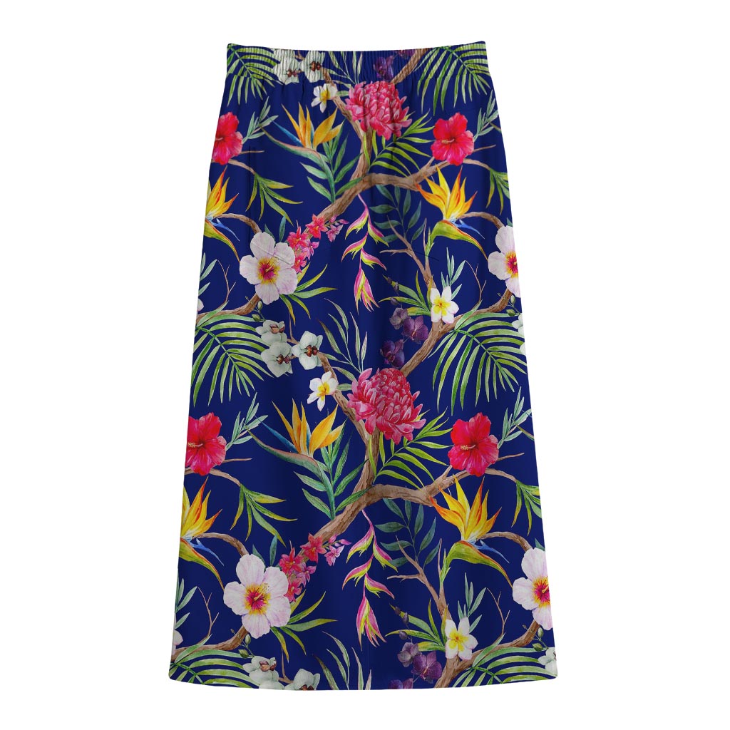 Watercolor Tropical Flower Pattern Print Cotton Front Slit Maxi Skirt