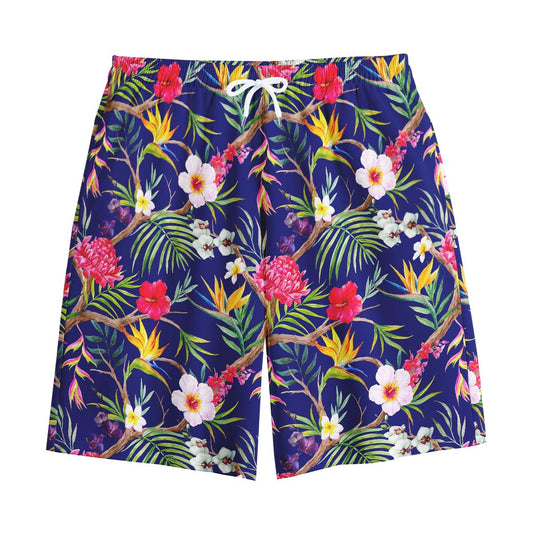Watercolor Tropical Flower Pattern Print Cotton Shorts
