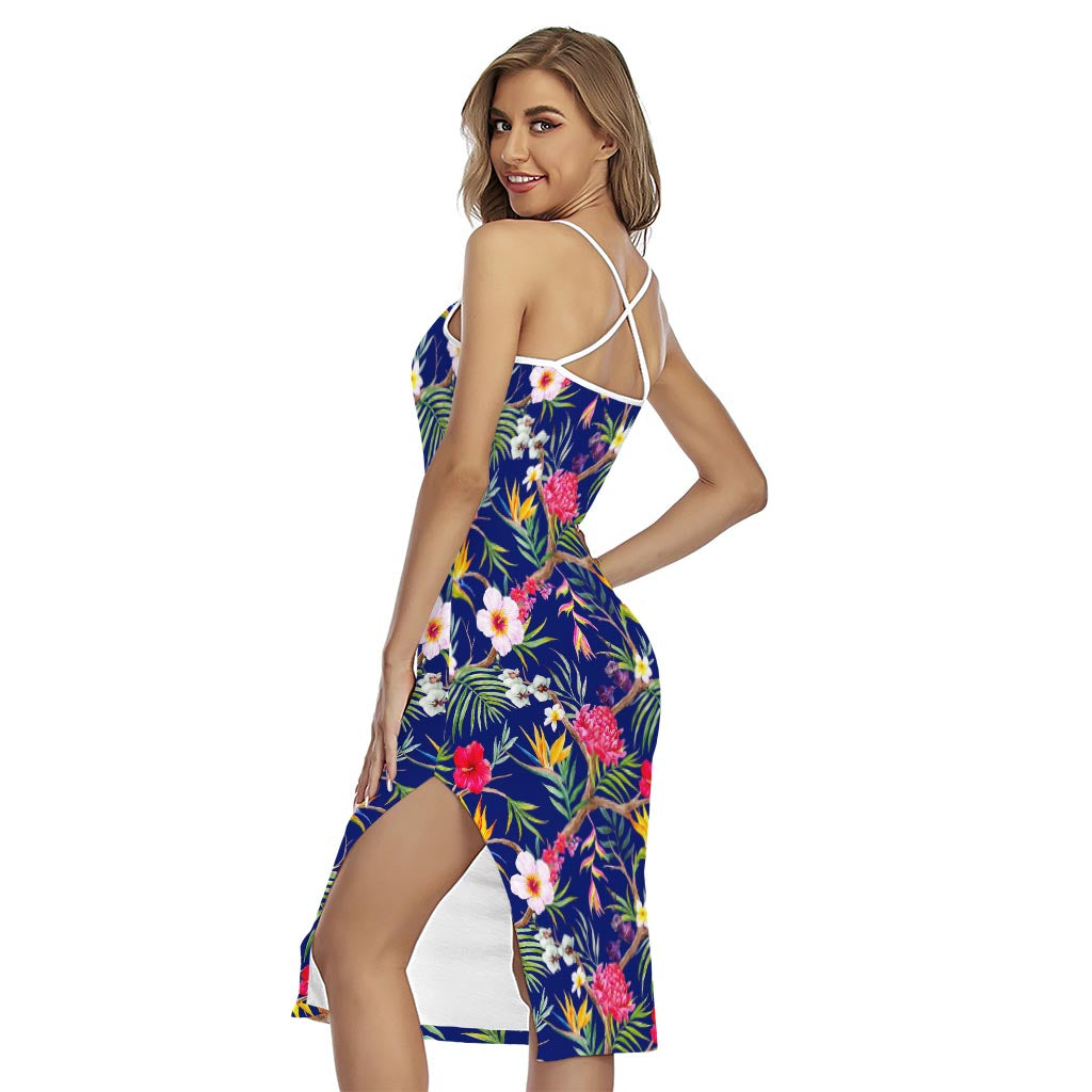 Watercolor Tropical Flower Pattern Print Cross Back Cami Dress
