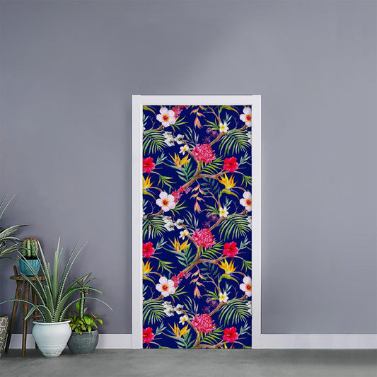 Watercolor Tropical Flower Pattern Print Door Sticker