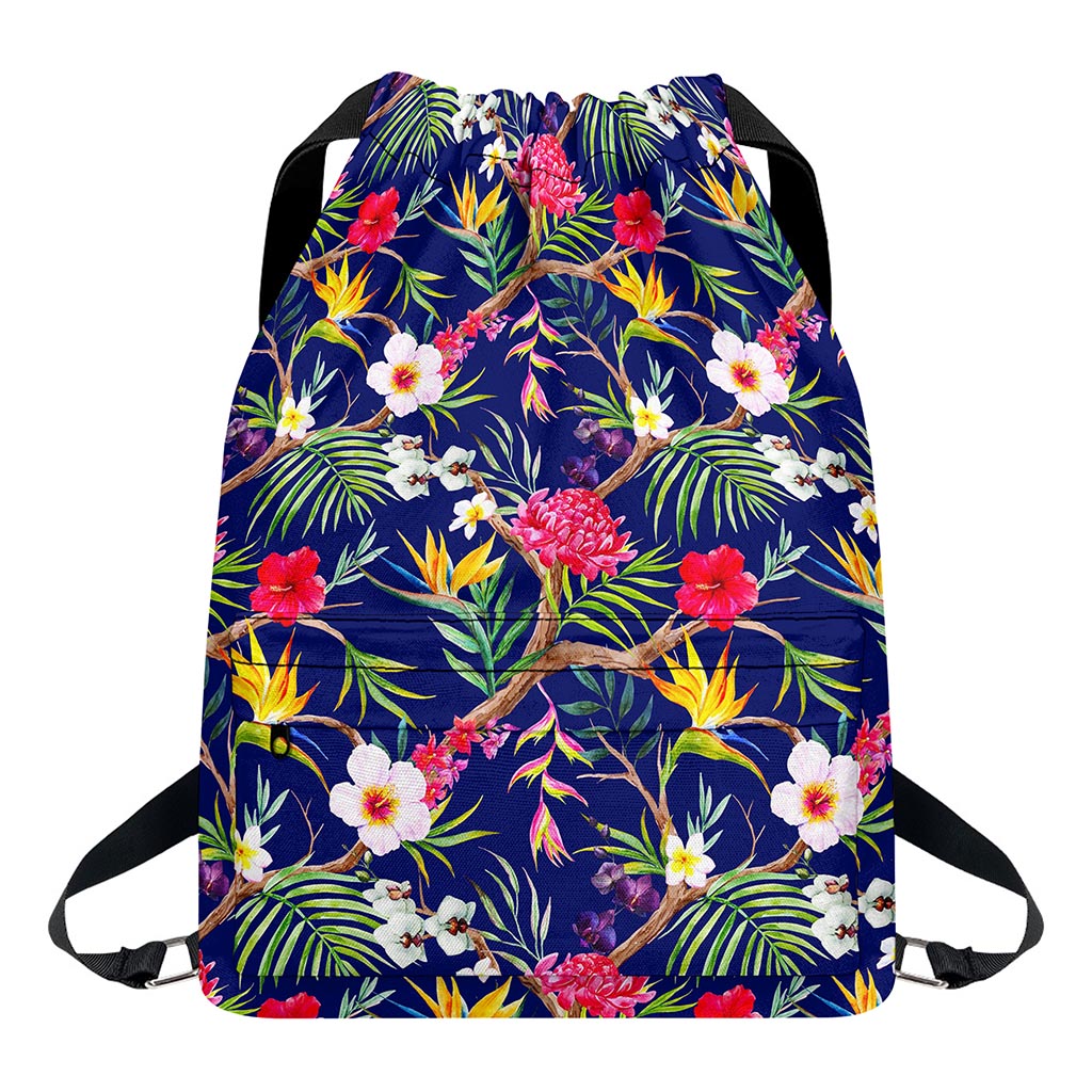 Watercolor Tropical Flower Pattern Print Drawstring Backpack