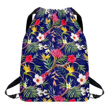 Watercolor Tropical Flower Pattern Print Drawstring Backpack