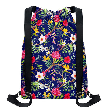 Watercolor Tropical Flower Pattern Print Drawstring Backpack