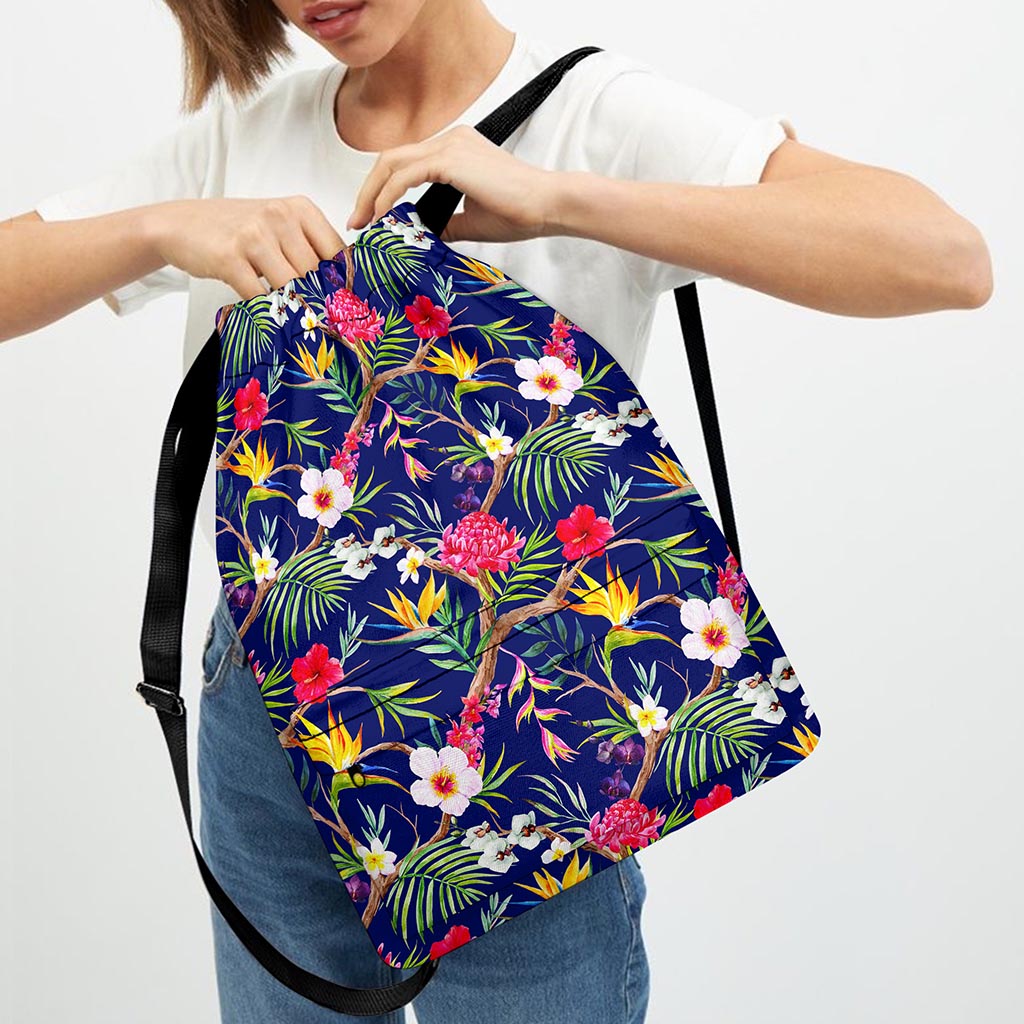 Watercolor Tropical Flower Pattern Print Drawstring Backpack