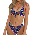 Watercolor Tropical Flower Pattern Print Front Bow Tie Bikini