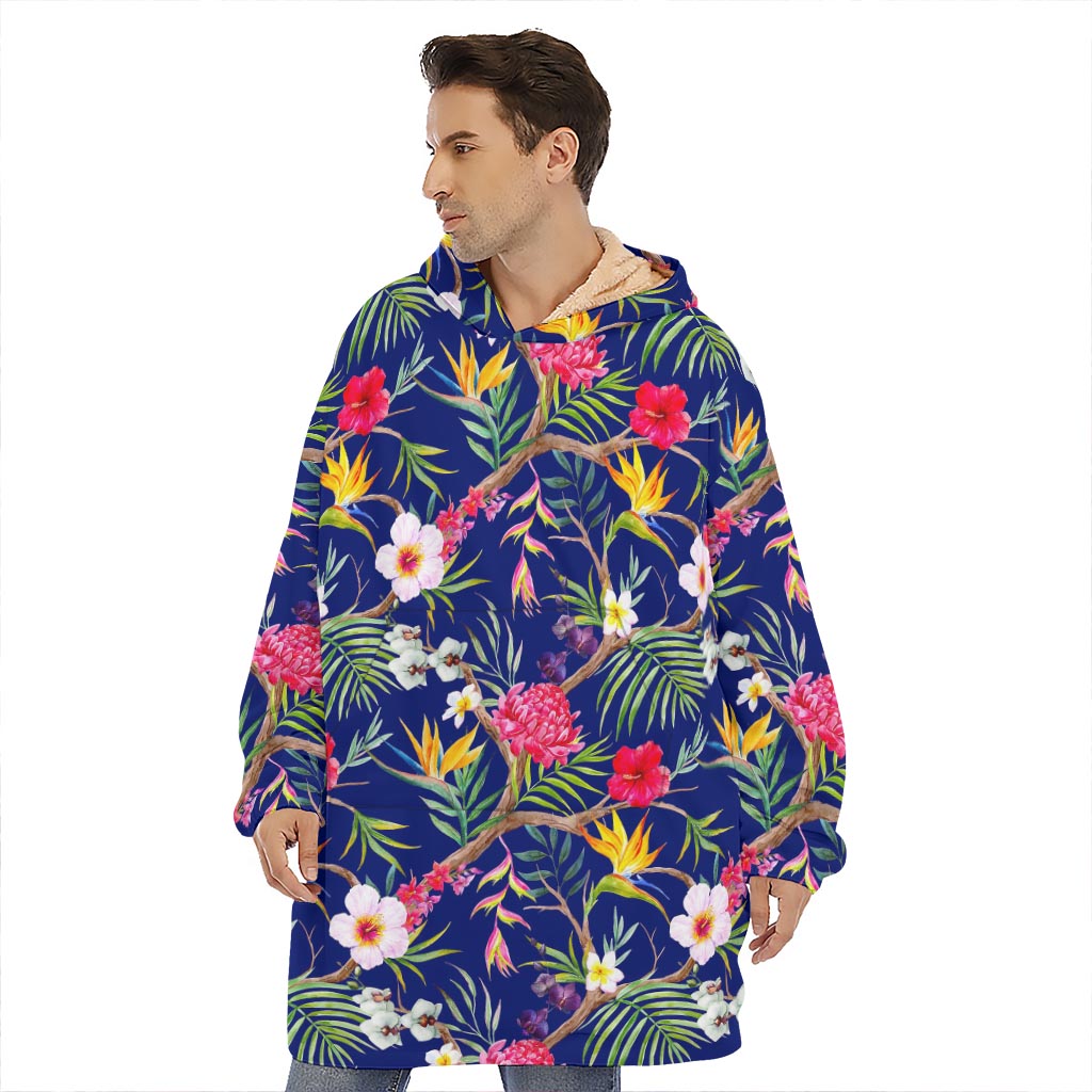 Watercolor Tropical Flower Pattern Print Hoodie Blanket