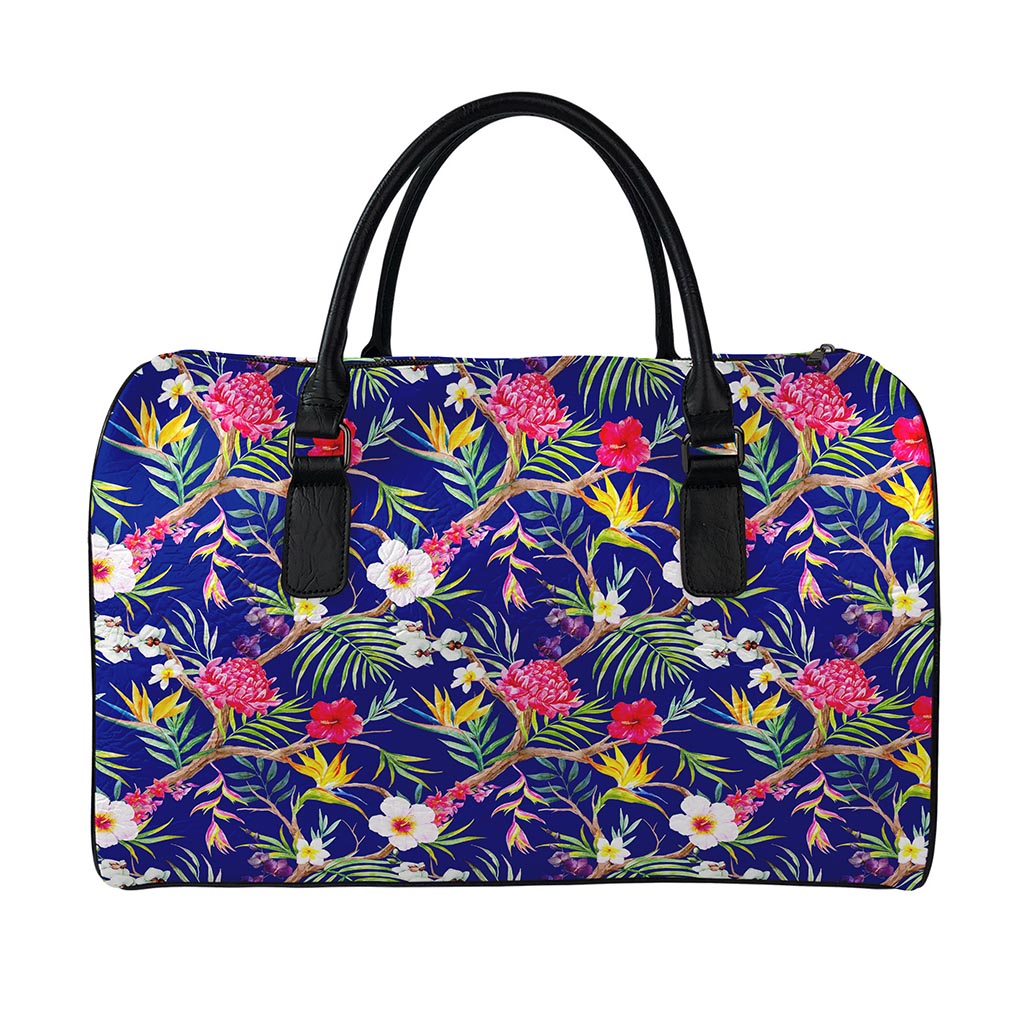 Watercolor Tropical Flower Pattern Print Leather Duffle Bag