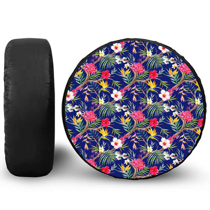 Watercolor Tropical Flower Pattern Print Leather Spare Tire Cover