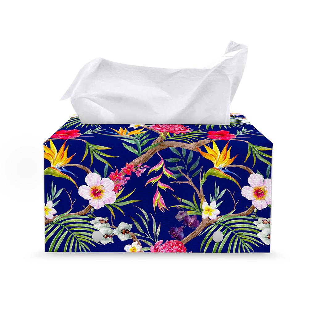 Watercolor Tropical Flower Pattern Print Leather Tissue Box Cover