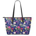 Watercolor Tropical Flower Pattern Print Leather Tote Bag With Zipper