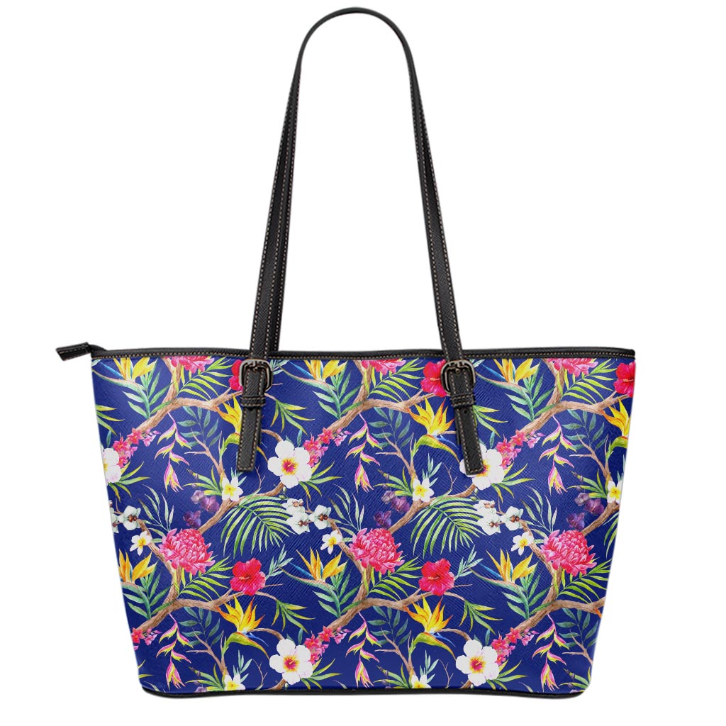 Watercolor Tropical Flower Pattern Print Leather Tote Bag