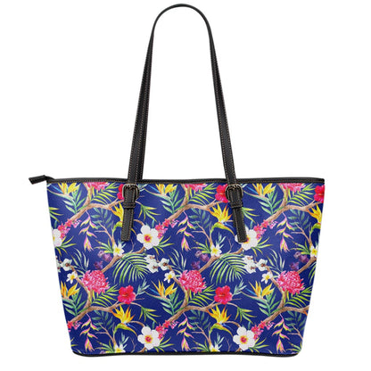 Watercolor Tropical Flower Pattern Print Leather Tote Bag