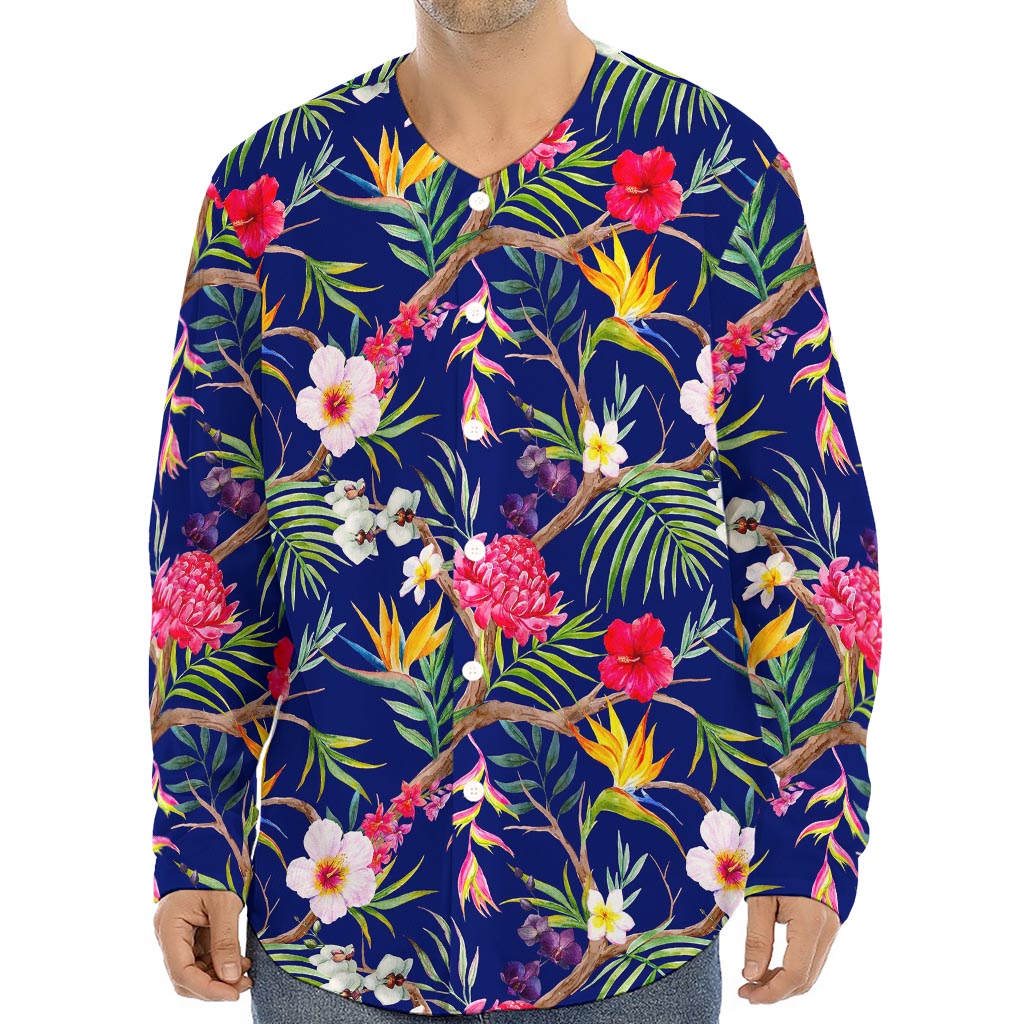 Watercolor Tropical Flower Pattern Print Long Sleeve Baseball Jersey