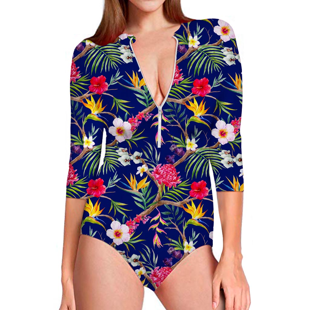 Watercolor Tropical Flower Pattern Print Long Sleeve Swimsuit