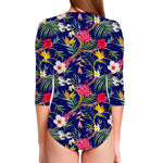 Watercolor Tropical Flower Pattern Print Long Sleeve Swimsuit