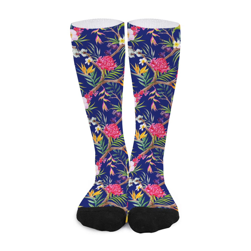 Watercolor Tropical Flower Pattern Print Long Socks
