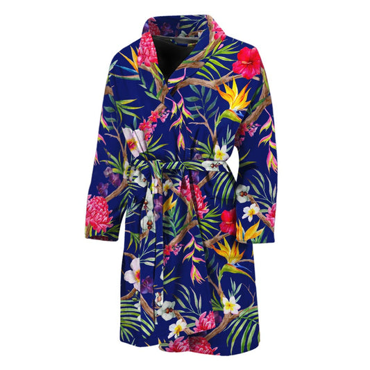 Watercolor Tropical Flower Pattern Print Men's Bathrobe