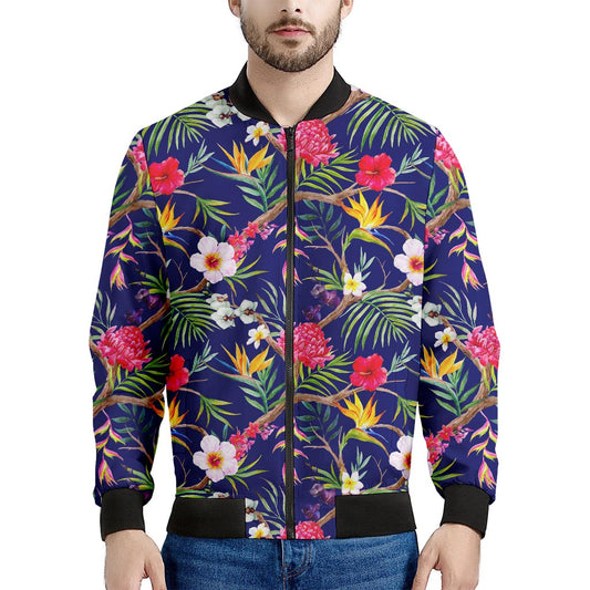 Watercolor Tropical Flower Pattern Print Men's Bomber Jacket
