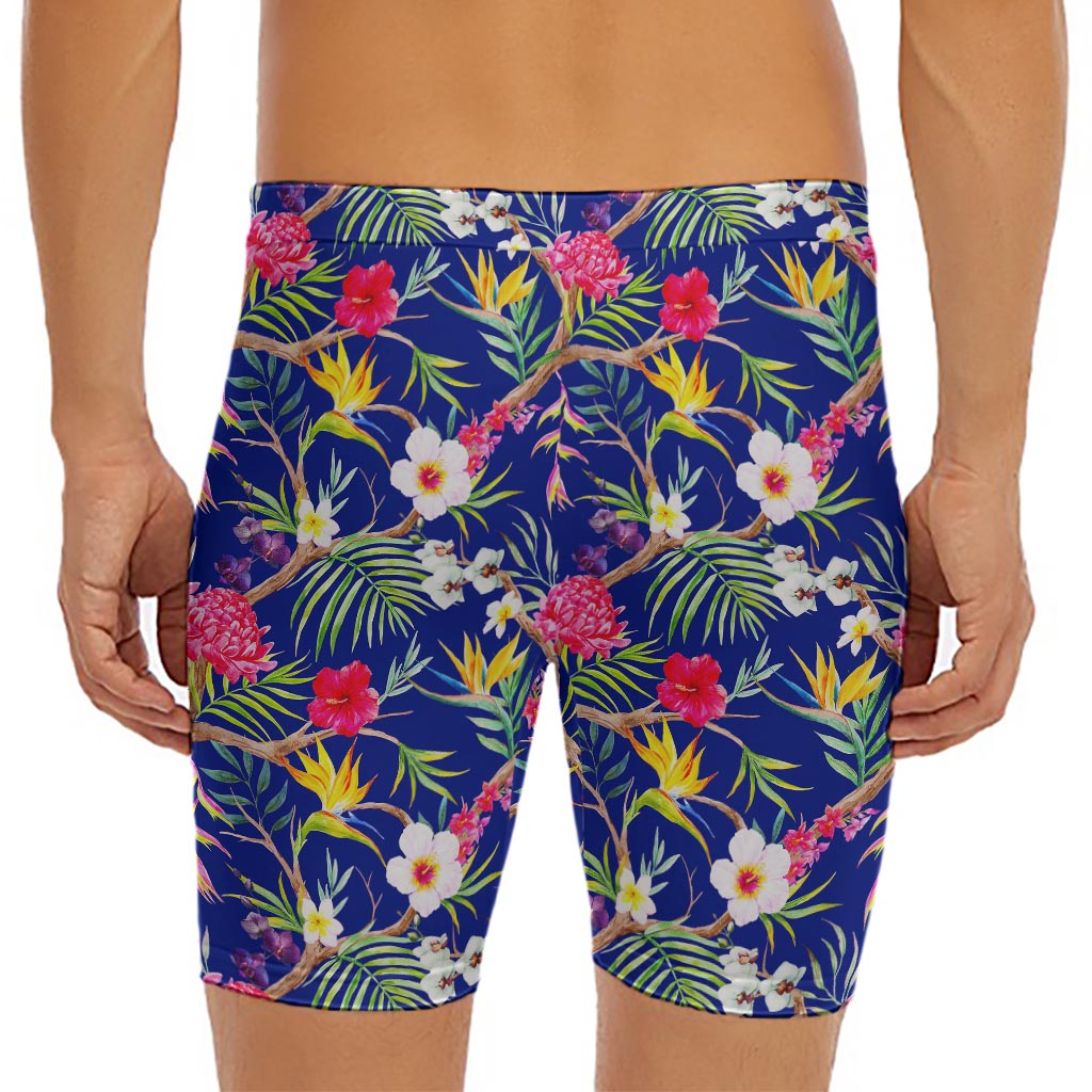 Watercolor Tropical Flower Pattern Print Men's Long Boxer Briefs