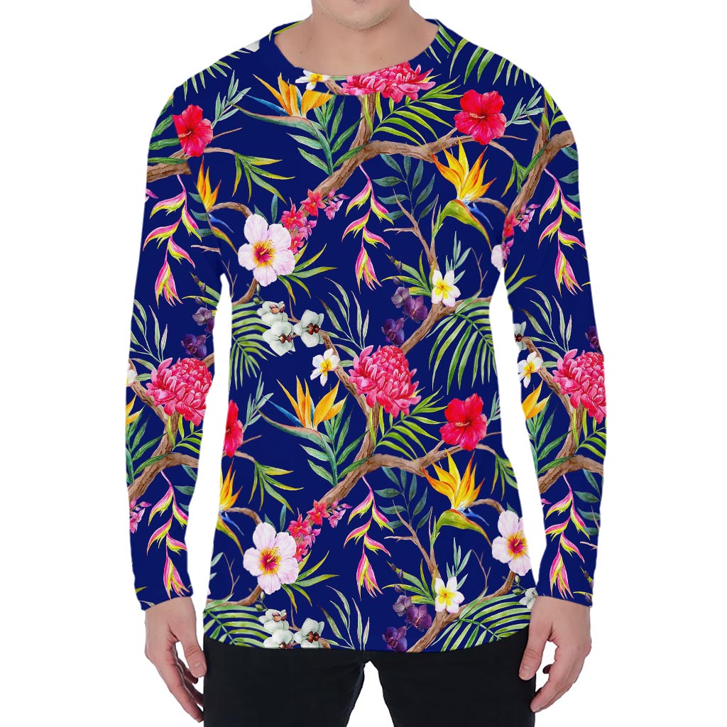 Watercolor Tropical Flower Pattern Print Men's Long Sleeve T-Shirt