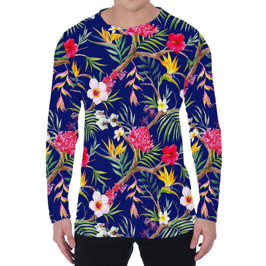 Watercolor Tropical Flower Pattern Print Men's Long Sleeve T-Shirt