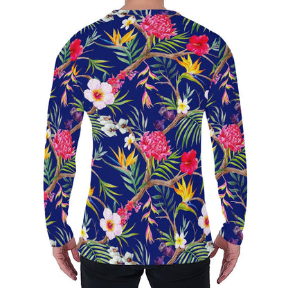 Watercolor Tropical Flower Pattern Print Men's Long Sleeve T-Shirt