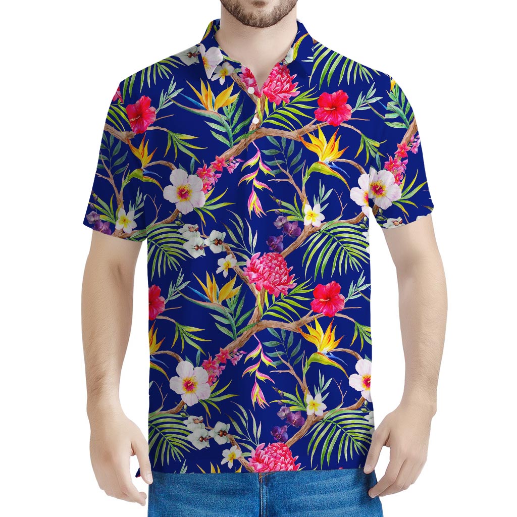 Watercolor Tropical Flower Pattern Print Men's Polo Shirt
