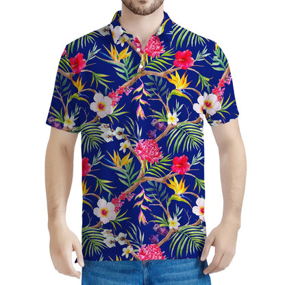 Watercolor Tropical Flower Pattern Print Men's Polo Shirt