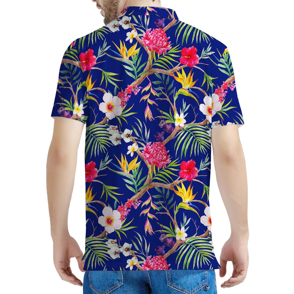 Watercolor Tropical Flower Pattern Print Men's Polo Shirt