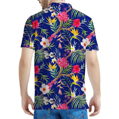 Watercolor Tropical Flower Pattern Print Men's Polo Shirt
